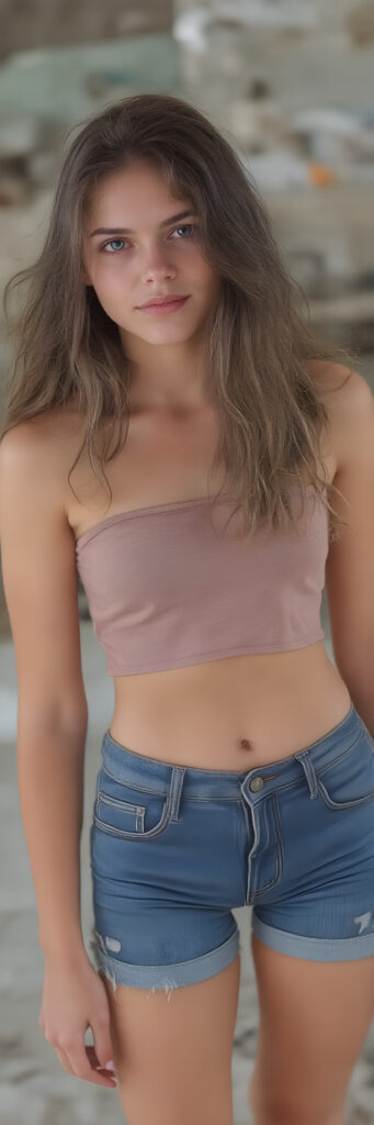 a stunning young girl, she wears a crop top, short cropped jeans pants, long wavy curly brown hair, Photograph, Full body, Cinematic, Hyper-realistic