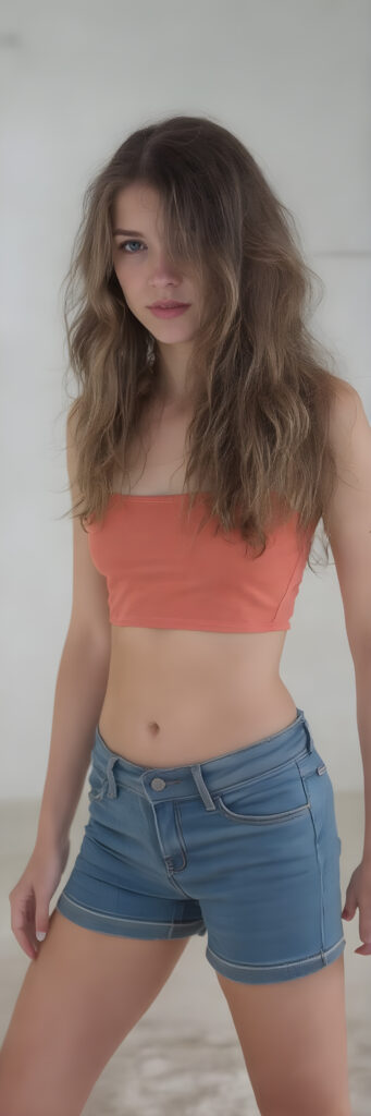 a stunning young girl, she wears a crop top, short cropped jeans pants, long wavy curly brown hair, Photograph, Full body, Cinematic, Hyper-realistic