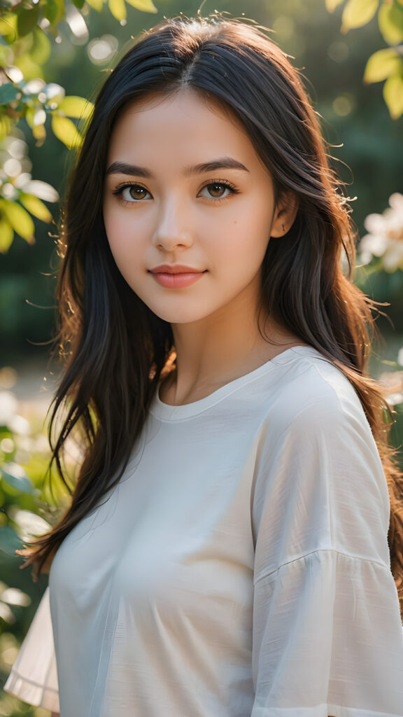 a stunning young girl with soft, long straight jet black hair, captured in a perfect portrait style. She has beautiful amber eyes, full lips and a round face. She wears a simple white t-shirt that contrasts beautifully with her radiant features. The background is a dreamy, blurred landscape bathed in soft pastel colors, reminiscent of an impressionist painting. The lighting is warm and ethereal, highlighting her expressive eyes and gentle smile, evoking a sense of serenity and grace.