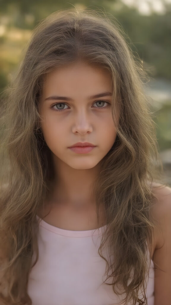 a stunning young girl, she wears a crop top, long wavy curly brown hair, captured with soft golden lighting effects.