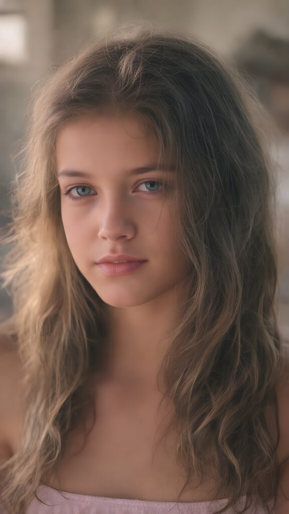 a stunning young girl, she wears a crop top, long wavy curly brown hair, captured with soft golden lighting effects.