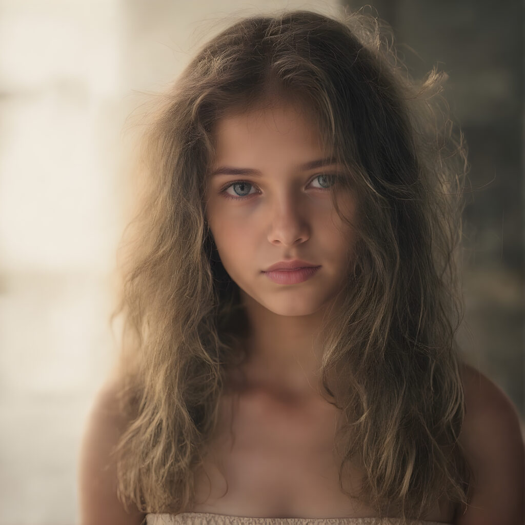 a stunning young girl, she wears a crop top, long wavy curly brown hair, captured with soft golden lighting effects