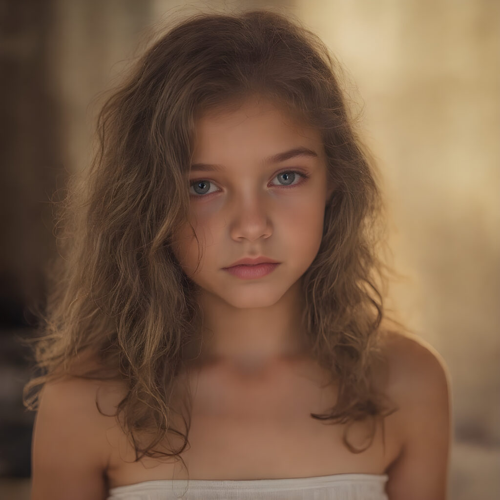 a stunning young girl, she wears a crop top, long wavy curly brown hair, captured with soft golden lighting effects