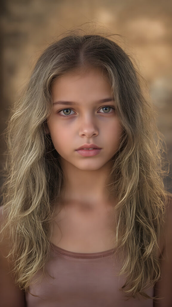 a stunning young girl, she wears a crop top, long wavy curly brown hair, captured with soft golden lighting effects.