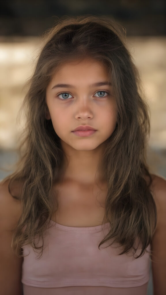 a stunning young girl, she wears a crop top, long wavy curly brown hair, captured with soft golden lighting effects.