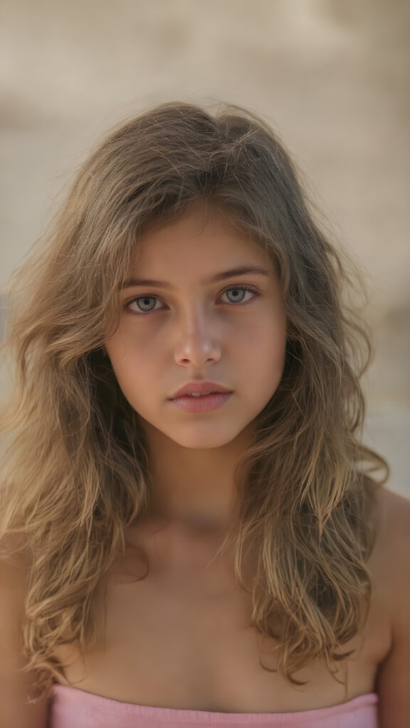 a stunning young girl, she wears a crop top, long wavy curly brown hair, captured with soft golden lighting effects.