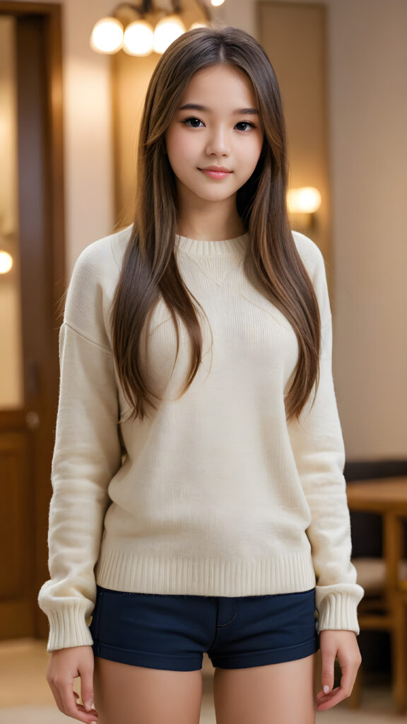 a stunningly (((advanced full body view))) of a (((cutely elegant))) (((attractive teen girl model))) with an ultra realistic face, (((detailed (straight hair))) her perfectly curved body exuding cuteness, dressed in a thin short crop wool sweater, super short pants) for a picture that embodies both style and sophistication. The image is captured with utmost detail and clarity, showcasing its (((high resolution beauty))), as if framed by a masterful hand, inviting the viewer to admire its splendor