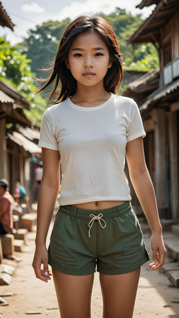 a (((stunningly realistic full-body photograph))), capturing a (((Burmese teen girl))) at age 15, where her gently curved contours and (((minimalist go-go shorts))) hint at a (((whimsically innocent yet subtly seductive aura))), set against a (((thunderously detailed, sharply focused background))), with a (serenely elegant, side-swept angle) that brings out the (best possible view), as if chiseled onto a (matte oil canvas) using the (advanced techniques of cinematic realism)