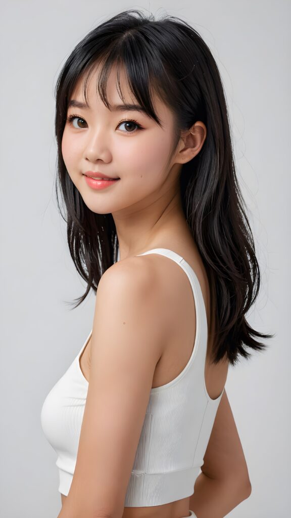 a stunningly (((cute and elegant)) Asian teenage girl) with intricate long (straight soft obsidian black hair, bangs) that extends down her back, dressed in a (((short white cropped tank top))), featuring perfect curves and an ultra realistic face with (detailed, realistic eyes). Her hair framing her face in a masterful composition that draws the eye. The scene is captured with a (highly detailed, ultra realistic image) that exudes a warm glow, emphasizing depth through softly blurred focus and a touch of (film grain), while the girl looks directly at the viewer with a (serene smile) that draws attention to her upper body, which stands out in striking detail against a (masterfully crafted, ultra realistic backdrop) that borders on (best-quality art) ((white background))