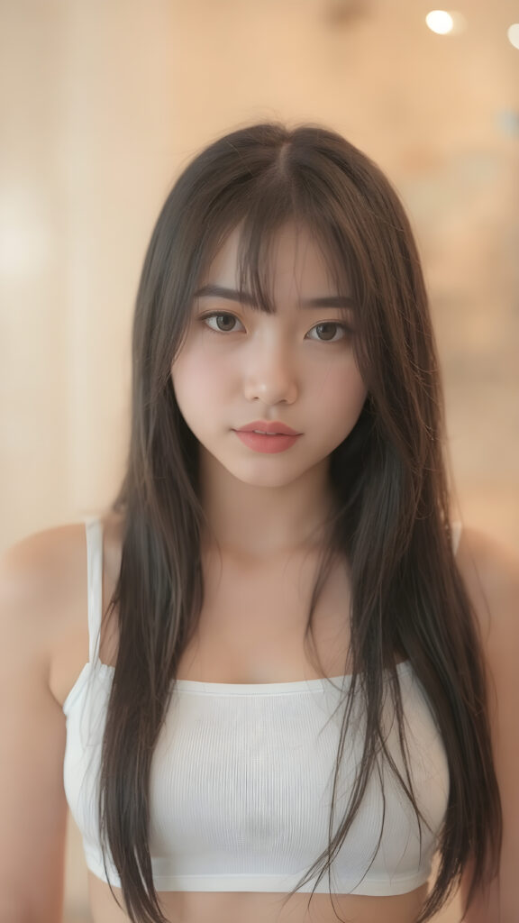 a (((stunningly realistic full-body photograph))), capturing a beautifully proportioned (((Asian teenage girl))) with exquisite features like smooth skin, (((amber eyes))), and long, straight black hair that reaches down to her waist. Her lips are soft and inviting, painted in a (natural, light hue). She wears a (very short, tight white crop tank top) that accentuates her flawless complexion. The scene is (softly backlit) with a (natural focus on her face and lips). Looking into the camera. ((Full body view))