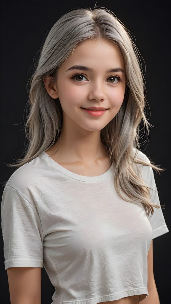 a stunningly (((cute and elegant)) young teen girl) with intricate long (straight soft grey hair) that extends down her back, dressed in a (((short cropped t-shirt))), featuring perfect curves and an ultra realistic face with (detailed, realistic eyes). Her hair framing her face in a masterful composition that draws the eye. The scene is captured with a (highly detailed, ultra realistic image) that exudes a warm glow, emphasizing depth through softly blurred focus and a touch of (film grain), while the girl looks directly at the viewer with a (serene smile) that draws attention to her upper body, which stands out in striking detail against a (masterfully crafted, ultra realistic backdrop) that borders on (best-quality art), ((dark background))