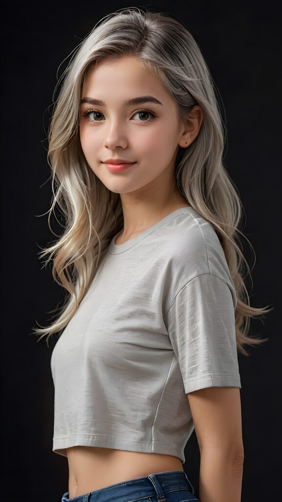 a stunningly (((cute and elegant)) young teen girl) with intricate long (straight soft grey hair) that extends down her back, dressed in a (((short cropped t-shirt))), featuring perfect curves and an ultra realistic face with (detailed, realistic eyes). Her hair framing her face in a masterful composition that draws the eye. The scene is captured with a (highly detailed, ultra realistic image) that exudes a warm glow, emphasizing depth through softly blurred focus and a touch of (film grain), while the girl looks directly at the viewer with a (serene smile) that draws attention to her upper body, which stands out in striking detail against a (masterfully crafted, ultra realistic backdrop) that borders on (best-quality art), ((dark background))