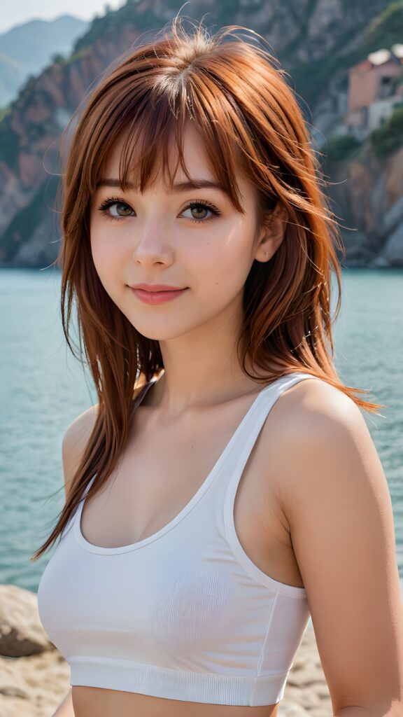 a stunningly (((cute and elegant)) Emo teenage girl) with intricate long (straight soft auburn hair, bangs) that extends down her back, dressed in a (((short white cropped tank top))), featuring perfect curves and an ultra realistic face with (detailed, realistic eyes). Her hair framing her face in a masterful composition that draws the eye. The scene is captured with a (highly detailed, ultra realistic image) that exudes a warm glow, emphasizing depth through softly blurred focus and a touch of (film grain), while the girl looks directly at the viewer with a (serene smile) that draws attention to her upper body, which stands out in striking detail against a (masterfully crafted, ultra realistic backdrop) that borders on (best-quality art)