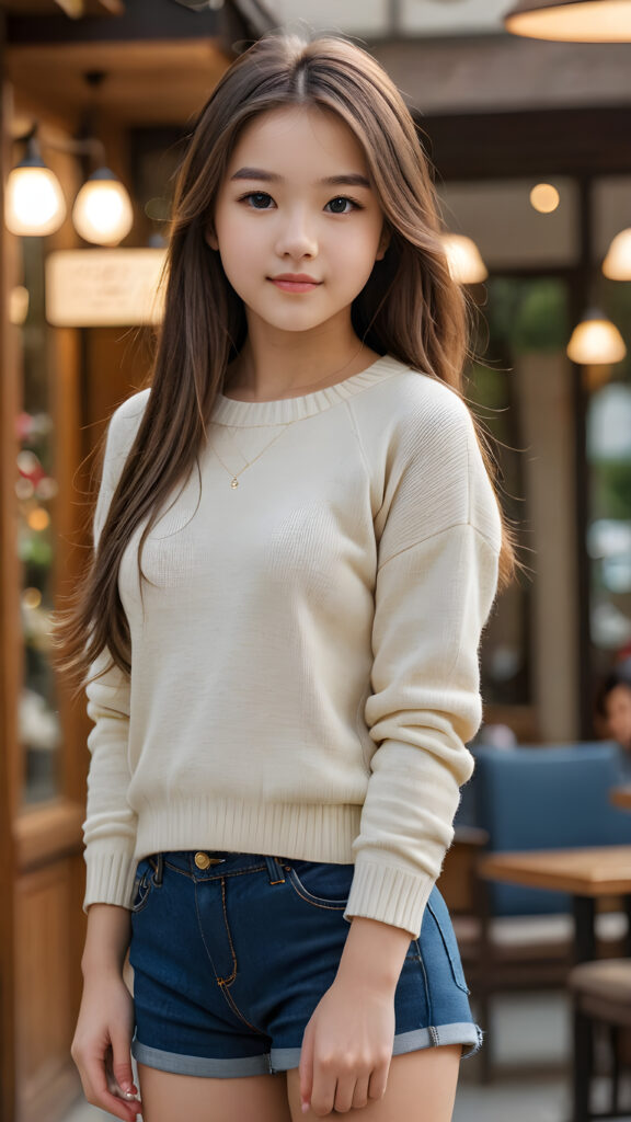 a stunningly (((advanced full body view))) of a (((cutely elegant))) (((attractive teen girl model))) with an ultra realistic face, (((detailed (straight hair))) her perfectly curved body exuding cuteness, dressed in a thin short crop wool sweater, super short pants) for a picture that embodies both style and sophistication. The image is captured with utmost detail and clarity, showcasing its (((high resolution beauty))), as if framed by a masterful hand, inviting the viewer to admire its splendor