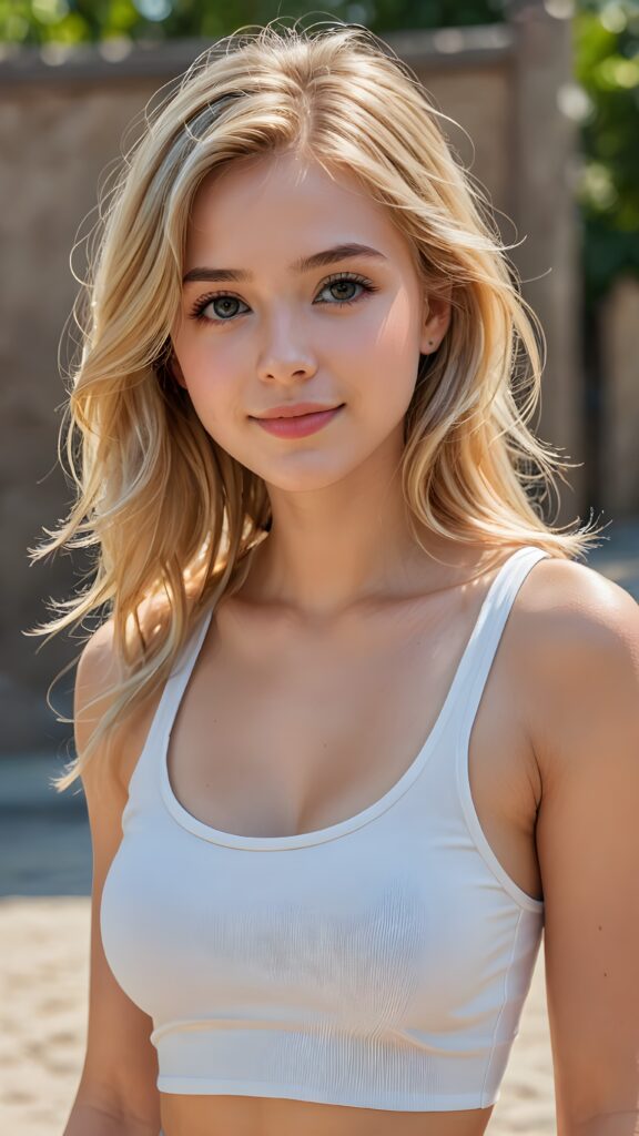 a stunningly (((cute and elegant)) teenage girl) with intricate long (straight soft sommer blonde hair) that extends down her back, dressed in a (((short white cropped tank top))), featuring perfect curves and an ultra realistic face with (detailed, realistic eyes). Her hair framing her face in a masterful composition that draws the eye. The scene is captured with a (highly detailed, ultra realistic image) that exudes a warm glow, emphasizing depth through softly blurred focus and a touch of (film grain), while the girl looks directly at the viewer with a (serene smile) that draws attention to her upper body, which stands out in striking detail against a (masterfully crafted, ultra realistic backdrop) that borders on (best-quality art)