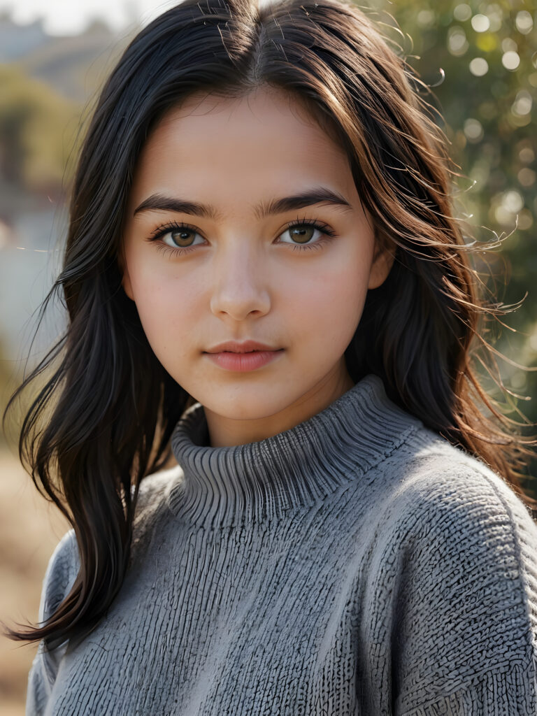 a (((stunningly gorgeous))) (((detailed and realistic portrait))) featuring a 16-year-old Turkmenistan girl who wears a (((grey short sweater made of fine wool))), long straight black hair