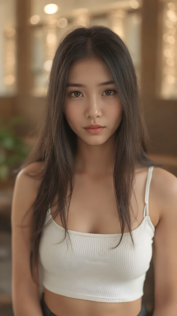 a (((stunningly realistic full-body photograph))), capturing a beautifully proportioned (((Asian teenage girl))) with exquisite features like smooth skin, (((amber eyes))), and long, straight black hair that reaches down to her waist. Her lips are soft and inviting, painted in a (natural, light hue). She wears a (very short, tight white crop tank top) that accentuates her flawless complexion. The scene is (softly backlit) with a (natural focus on her face and lips). Looking into the camera. ((Full body view))