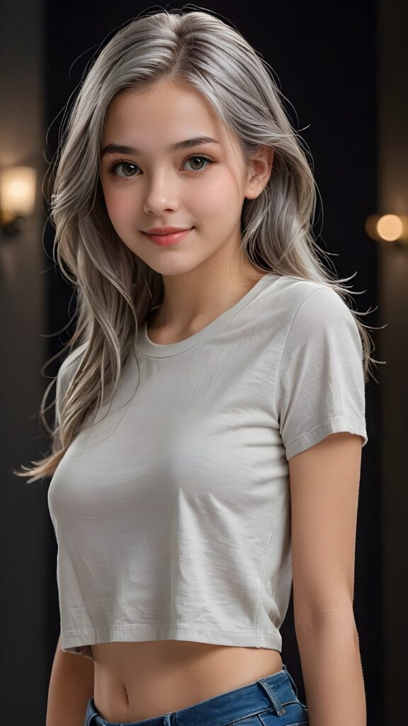 a stunningly (((cute and elegant)) young teen girl) with intricate long (straight soft grey hair) that extends down her back, dressed in a (((short cropped t-shirt))), featuring perfect curves and an ultra realistic face with (detailed, realistic eyes). Her hair framing her face in a masterful composition that draws the eye. The scene is captured with a (highly detailed, ultra realistic image) that exudes a warm glow, emphasizing depth through softly blurred focus and a touch of (film grain), while the girl looks directly at the viewer with a (serene smile) that draws attention to her upper body, which stands out in striking detail against a (masterfully crafted, ultra realistic backdrop) that borders on (best-quality art), ((dark background))