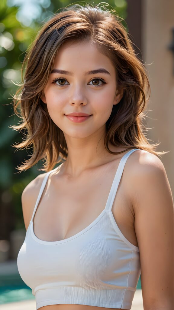 a stunningly (((cute and elegant)) young teen girl) with intricate long weavy (straight soft brown hair) that extends down her back, dressed in a (((short white cropped tank top))), featuring perfect curves and an ultra realistic face with (detailed, realistic eyes). Her hair framing her face in a masterful composition that draws the eye. The scene is captured with a (highly detailed, ultra realistic image) that exudes a warm glow, emphasizing depth through softly blurred focus and a touch of (film grain), while the girl looks directly at the viewer with a (serene smile) that draws attention to her upper body, which stands out in striking detail against a (masterfully crafted, ultra realistic backdrop) that borders on (best-quality art)