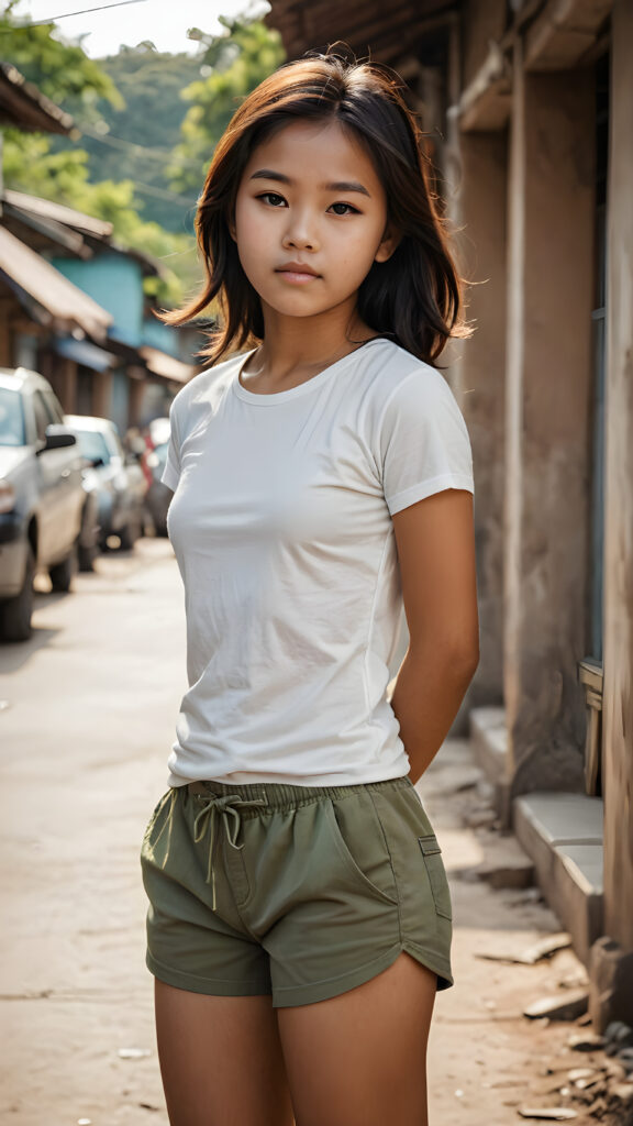 a (((stunningly realistic full-body photograph))), capturing a (((Burmese teen girl))) at age 15, where her gently curved contours and (((minimalist go-go shorts))) hint at a (((whimsically innocent yet subtly seductive aura))), set against a (((thunderously detailed, sharply focused background))), with a (serenely elegant, side-swept angle) that brings out the (best possible view), as if chiseled onto a (matte oil canvas) using the (advanced techniques of cinematic realism)