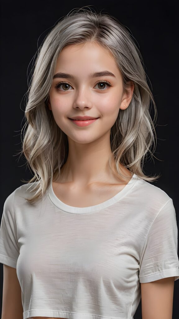 a stunningly (((cute and elegant)) young teen girl) with intricate long (straight soft grey hair) that extends down her back, dressed in a (((short cropped t-shirt))), featuring perfect curves and an ultra realistic face with (detailed, realistic eyes). Her hair framing her face in a masterful composition that draws the eye. The scene is captured with a (highly detailed, ultra realistic image) that exudes a warm glow, emphasizing depth through softly blurred focus and a touch of (film grain), while the girl looks directly at the viewer with a (serene smile) that draws attention to her upper body, which stands out in striking detail against a (masterfully crafted, ultra realistic backdrop) that borders on (best-quality art), ((dark background))