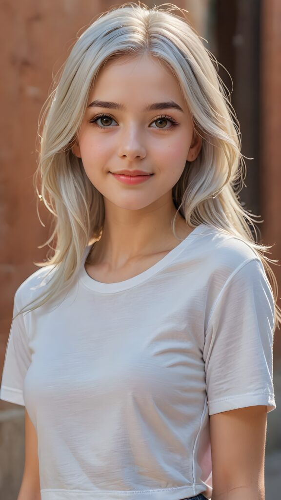 a stunningly (((cute and elegant)) young teen girl) with intricate long (straight soft white hair) that extends down her back, dressed in a (((short cropped t-shirt))), featuring perfect curves and an ultra realistic face with (detailed, realistic eyes). Her hair framing her face in a masterful composition that draws the eye. The scene is captured with a (highly detailed, ultra realistic image) that exudes a warm glow, emphasizing depth through softly blurred focus and a touch of (film grain), while the girl looks directly at the viewer with a (serene smile) that draws attention to her upper body, which stands out in striking detail against a (masterfully crafted, ultra realistic backdrop) that borders on (best-quality art)