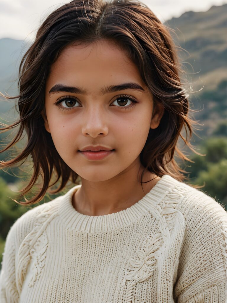 a (((stunningly gorgeous))) (((detailed and realistic portrait))) featuring a 16-year-old Pakistani girl who wears a (((white short sweater made of fine wool)))