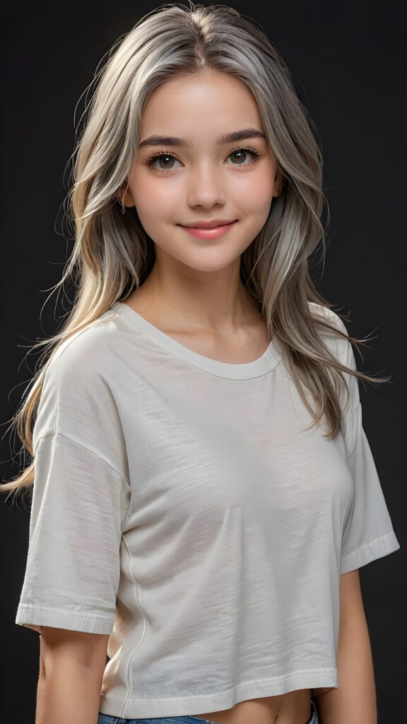 a stunningly (((cute and elegant)) young teen girl) with intricate long (straight soft grey hair) that extends down her back, dressed in a (((short cropped t-shirt))), featuring perfect curves and an ultra realistic face with (detailed, realistic eyes). Her hair framing her face in a masterful composition that draws the eye. The scene is captured with a (highly detailed, ultra realistic image) that exudes a warm glow, emphasizing depth through softly blurred focus and a touch of (film grain), while the girl looks directly at the viewer with a (serene smile) that draws attention to her upper body, which stands out in striking detail against a (masterfully crafted, ultra realistic backdrop) that borders on (best-quality art), ((dark background))