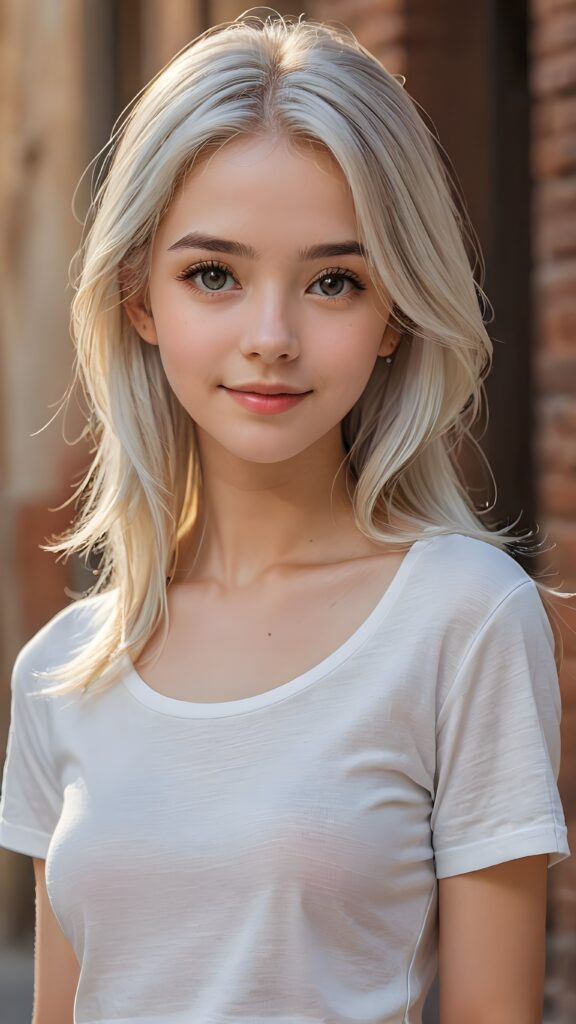 a stunningly (((cute and elegant)) young teen girl) with intricate long (straight soft white hair) that extends down her back, dressed in a (((short cropped t-shirt))), featuring perfect curves and an ultra realistic face with (detailed, realistic eyes). Her hair framing her face in a masterful composition that draws the eye. The scene is captured with a (highly detailed, ultra realistic image) that exudes a warm glow, emphasizing depth through softly blurred focus and a touch of (film grain), while the girl looks directly at the viewer with a (serene smile) that draws attention to her upper body, which stands out in striking detail against a (masterfully crafted, ultra realistic backdrop) that borders on (best-quality art)