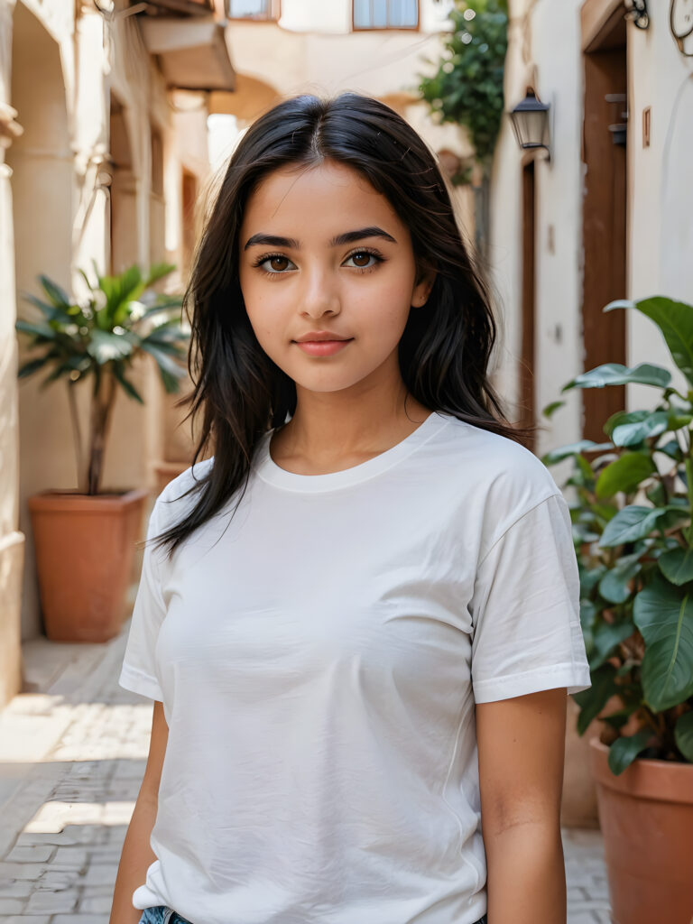 a (((stunningly gorgeous))) (((detailed and realistic portrait))) featuring a 16-year-old Arab girl who wears a (((white short t-shirt))), long straight black hair, she has a perfect curved body