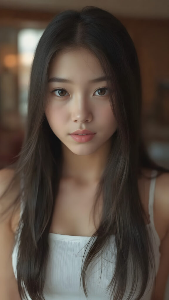 a (((stunningly realistic full-body photograph))), capturing a beautifully proportioned (((Asian teenage girl))) with exquisite features like smooth skin, (((amber eyes))), and long, straight black hair that reaches down to her waist. Her lips are soft and inviting, painted in a (natural, light hue). She wears a (very short, tight white crop tank top) that accentuates her flawless complexion. The scene is (softly backlit) with a (natural focus on her face and lips). Looking into the camera. ((Full body view))