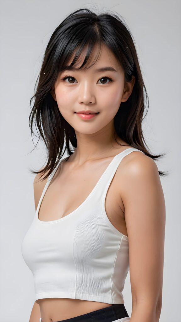 a stunningly (((cute and elegant)) Asian teenage girl) with intricate long (straight soft obsidian black hair, bangs) that extends down her back, dressed in a (((short white cropped tank top))), featuring perfect curves and an ultra realistic face with (detailed, realistic eyes). Her hair framing her face in a masterful composition that draws the eye. The scene is captured with a (highly detailed, ultra realistic image) that exudes a warm glow, emphasizing depth through softly blurred focus and a touch of (film grain), while the girl looks directly at the viewer with a (serene smile) that draws attention to her upper body, which stands out in striking detail against a (masterfully crafted, ultra realistic backdrop) that borders on (best-quality art) ((white background))