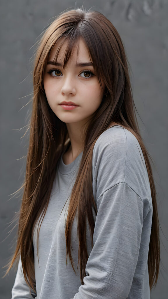 a (((stunningly drawn teen emo girl))) with (((incredibly long, soft brown straight hair))), framed by a (((vividly gray backdrop))), tears streaming down her face, reflecting a ((sad expression))) that suggests the weight of the world resting on her shoulders, amber eyes