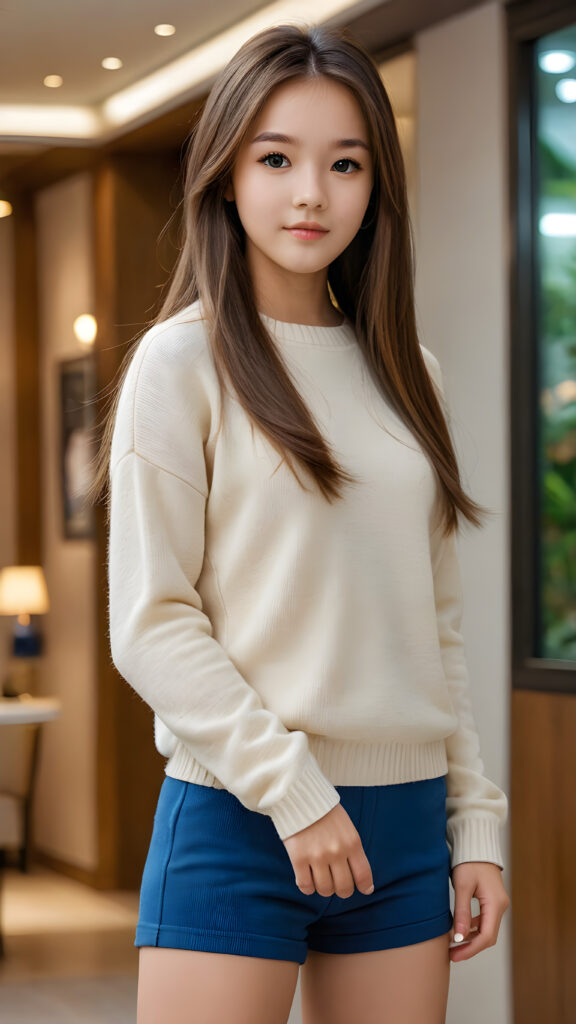 a stunningly (((advanced full body view))) of a (((cutely elegant))) (((attractive teen girl model))) with an ultra realistic face, (((detailed (straight hair))) her perfectly curved body exuding cuteness, dressed in a thin short crop wool sweater, super short pants) for a picture that embodies both style and sophistication. The image is captured with utmost detail and clarity, showcasing its (((high resolution beauty))), as if framed by a masterful hand, inviting the viewer to admire its splendor