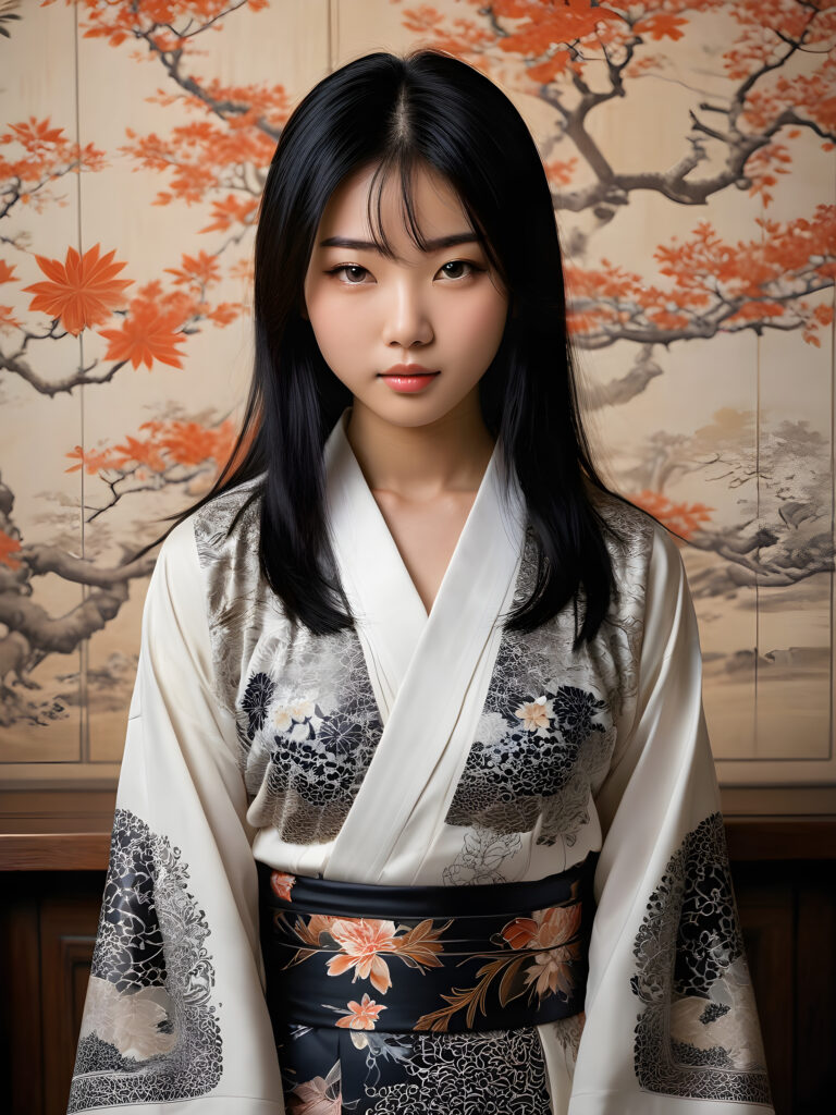 a stunningly beautiful (((Japanese teen model girl))) with (((soft straight black hair))), the long hair falls over her upper body down to her waist, exuding a (((vividly realistic glow))) that gives off an air of (((ethereal innocence))), her (((detailed, angelic face))) radiating joyful excitement, framed by a (((traditional Oriental natural backdrop))) consisting of (((subtle, elegant patterns))), a (((soft, empty canvas))). She is captured in a (((portrait shot))), with a flawlessly proportioned figure and (((minimalist clothing))) that accentuates every curve, embodying an (((effortless beauty)))