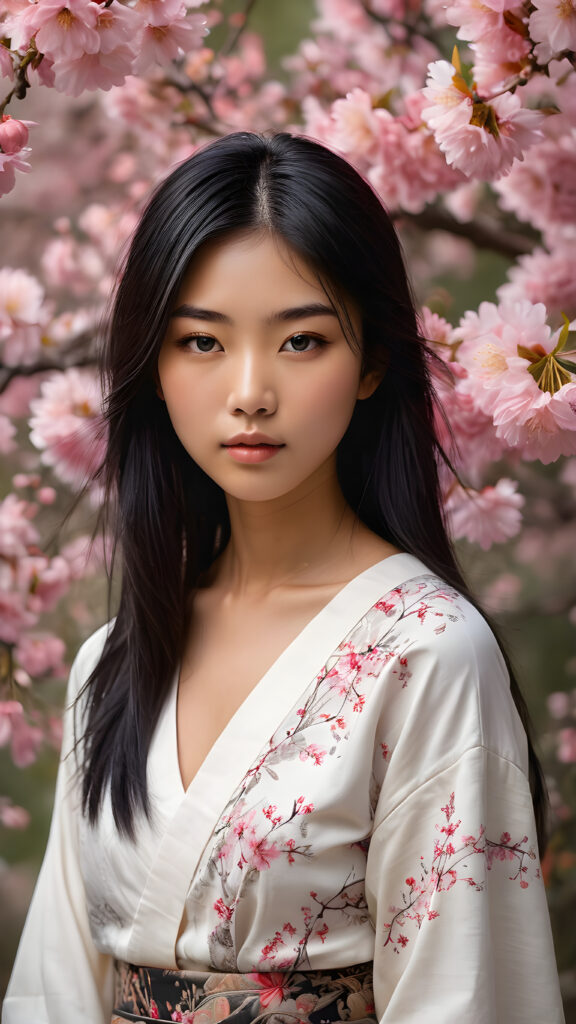 a stunningly beautiful (((Japanese teen model girl))) with (((soft straight black hair, the long hair falls down to her waist))), exuding a (((vividly realistic glow))) that gives off an air of (((ethereal innocence))), her (((detailed, angelic face))) radiating joyful excitement, framed by a (((cherry blossom backdrop))) consisting of (((subtle, elegant patterns))), a (((soft, empty canvas))). She is captured in a (((portrait shot))), with a flawlessly proportioned figure and (((minimalist clothing))) that accentuates every curve, embodying an (((effortless beauty)))