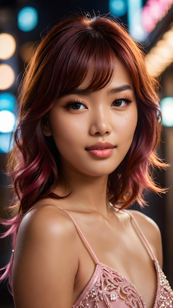 a stunningly beautiful (((female model))) with an upper body that exudes cuteness, captured in a side view that highlights the intricate details and luxurious color contrast, using advanced techniques like deep shadow and focus, creating a masterpiece that boasts a breathtakingly realistic image, with a cute 16-year-old Filipino girl with Korea-styled bangs and detailed red straight hair, a perfect curved body that embodies elegance, paired with ultra realistic features and a warm smile featuring pink lips