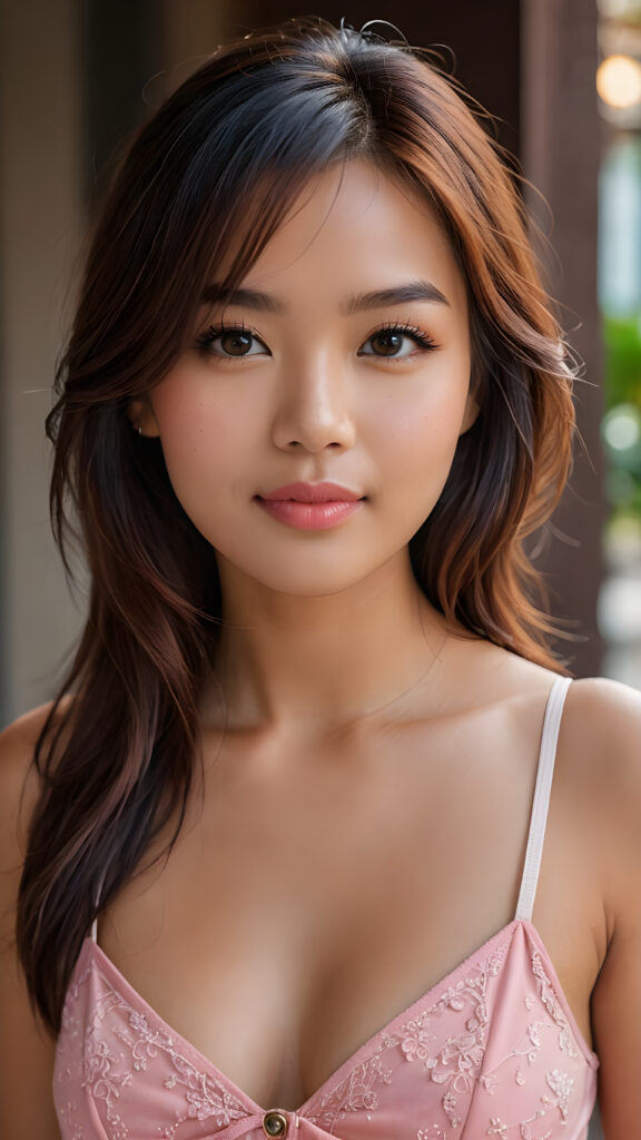 a stunningly beautiful (((female model))) with an upper body that exudes cuteness, captured in a side view that highlights the intricate details and luxurious color contrast, using advanced techniques like deep shadow and focus, creating a masterpiece that boasts a breathtakingly realistic image, with a cute 16-year-old well busty Filipino girl with bangs and detailed red straight soft hair, she wears a short cropped tank top and deep v-neck, a perfect curved body that embodies elegance, paired with ultra realistic features and a warm smile featuring pink lips