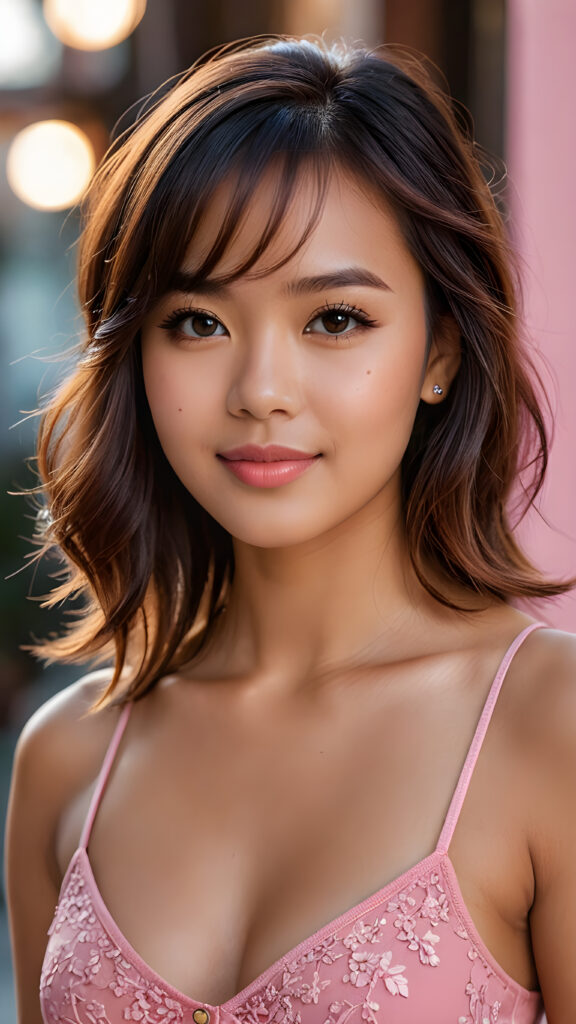 a stunningly beautiful (((female model))) with an upper body that exudes cuteness, captured in a side view that highlights the intricate details and luxurious color contrast, using advanced techniques like deep shadow and focus, creating a masterpiece that boasts a breathtakingly realistic image, with a cute 16-year-old well busty Filipino girl with bangs and detailed red straight soft hair, she wears a short cropped tank top and deep v-neck, a perfect curved body that embodies elegance, paired with ultra realistic features and a warm smile featuring pink lips