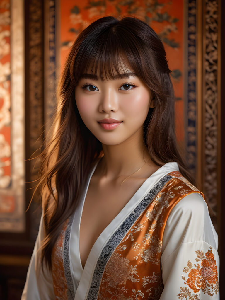 a stunningly beautiful (((Asian teen girl))) with long, flowing (((brown hair))) and intricate (((bangs))) cut, exuding a (((vividly realistic glow))) that gives off an air of (((ethereal innocence))), her (((detailed, angelic face))) radiating joyful excitement, framed by a (((traditional Oriental backdrop))) consisting of (((subtle, elegant patterns))), a (((soft, empty canvas))). She is captured in a (((portrait shot))), with a flawlessly proportioned figure and (((minimalist clothing))) that accentuates every curve, embodying an (((effortless beauty)))