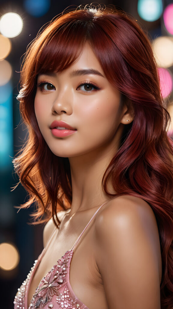 a stunningly beautiful (((female model))) with an upper body that exudes cuteness, captured in a side view that highlights the intricate details and luxurious color contrast, using advanced techniques like deep shadow and focus, creating a masterpiece that boasts a breathtakingly realistic image, with a cute 16-year-old Filipino girl with Korea-styled bangs and detailed red straight hair, a perfect curved body that embodies elegance, paired with ultra realistic features and a warm smile featuring pink lips