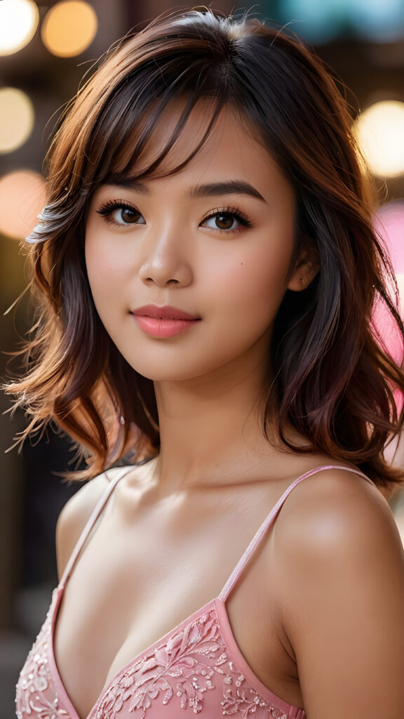 a stunningly beautiful (((female model))) with an upper body that exudes cuteness, captured in a side view that highlights the intricate details and luxurious color contrast, using advanced techniques like deep shadow and focus, creating a masterpiece that boasts a breathtakingly realistic image, with a cute 16-year-old well busty Filipino girl with bangs and detailed red straight soft hair, she wears a short cropped tank top and deep v-neck, a perfect curved body that embodies elegance, paired with ultra realistic features and a warm smile featuring pink lips