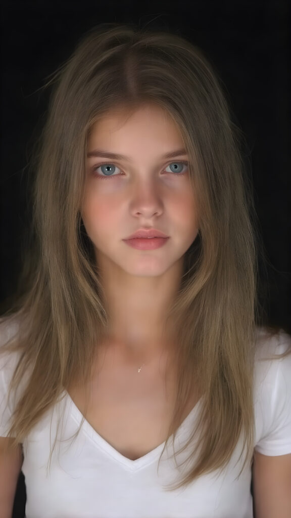 a stunningly beautiful young girl, age 15, with ((brown long straight jet hair (luminous)), flowing down to her waist, and (((bright amber eyes))), that match perfectly with her flawless complexion. She's dressed in a tight ((white short t-shirt, deep v-neck)), and ((cute (flared) jeans)), perfectly complemented by her (perfectly proportioned figure). Her look exudes seduction and playfulness, as she gazes directly at the viewer. Her focus on the camera is intense, with a soft, inviting expression that draws you in. The background is black, providing a perfect contrast to her youthful face, and making her features stand out perfectly.