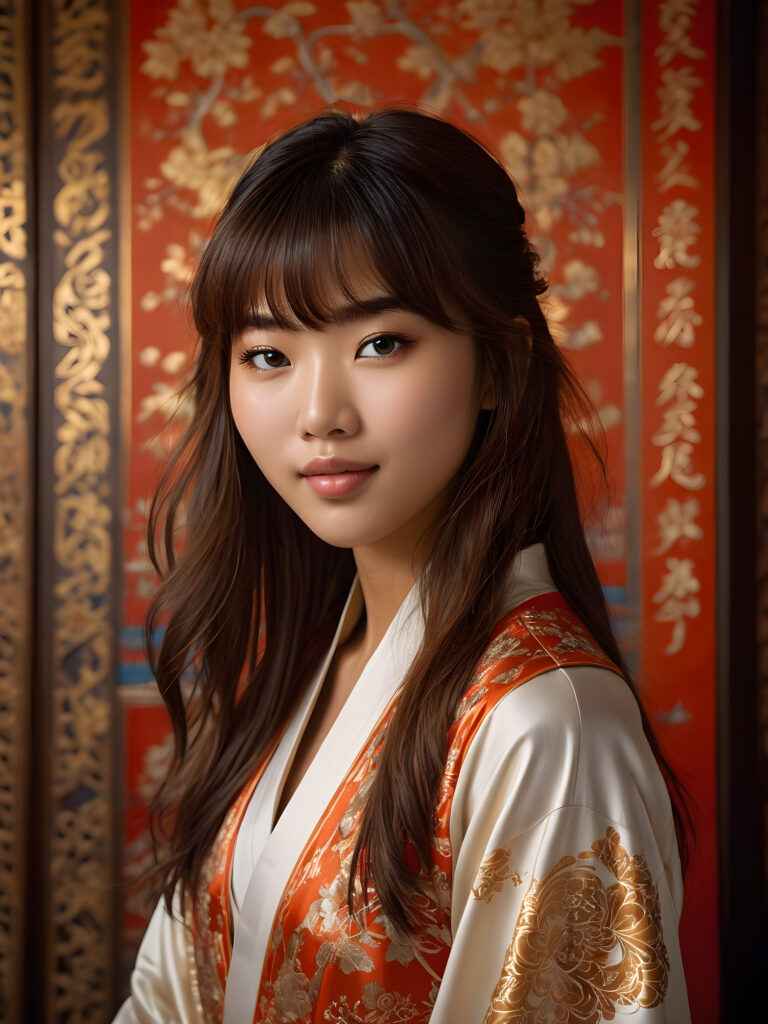 a stunningly beautiful (((Asian teen girl))) with long, flowing (((brown hair))) and intricate (((bangs))) cut, exuding a (((vividly realistic glow))) that gives off an air of (((ethereal innocence))), her (((detailed, angelic face))) radiating joyful excitement, framed by a (((traditional Oriental backdrop))) consisting of (((subtle, elegant patterns))), a (((soft, empty canvas))). She is captured in a (((portrait shot))), with a flawlessly proportioned figure and (((minimalist clothing))) that accentuates every curve, embodying an (((effortless beauty)))