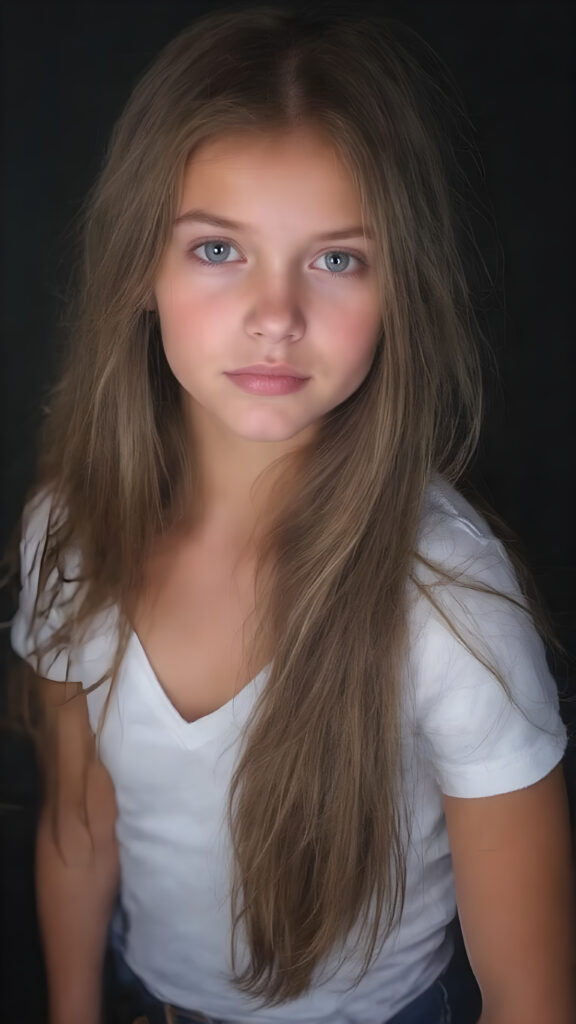 a stunningly beautiful young girl, age 15, with ((brown long straight jet hair (luminous)), flowing down to her waist, and (((bright amber eyes))), that match perfectly with her flawless complexion. She's dressed in a tight ((white short t-shirt, deep v-neck)), and ((cute (flared) jeans)), perfectly complemented by her (perfectly proportioned figure). Her look exudes seduction and playfulness, as she gazes directly at the viewer. Her focus on the camera is intense, with a soft, inviting expression that draws you in. The background is black, providing a perfect contrast to her youthful face, and making her features stand out perfectly.