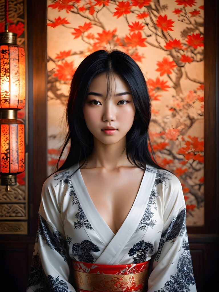 a stunningly beautiful (((Japanese teen model girl))) with (((soft straight black hair))), the long hair falls over her upper body down to her waist, exuding a (((vividly realistic glow))) that gives off an air of (((ethereal innocence))), her (((detailed, angelic face))) radiating joyful excitement, framed by a (((traditional Oriental natural backdrop))) consisting of (((subtle, elegant patterns))), a (((soft, empty canvas))). She is captured in a (((portrait shot))), with a flawlessly proportioned figure and (((minimalist clothing))) that accentuates every curve, embodying an (((effortless beauty)))