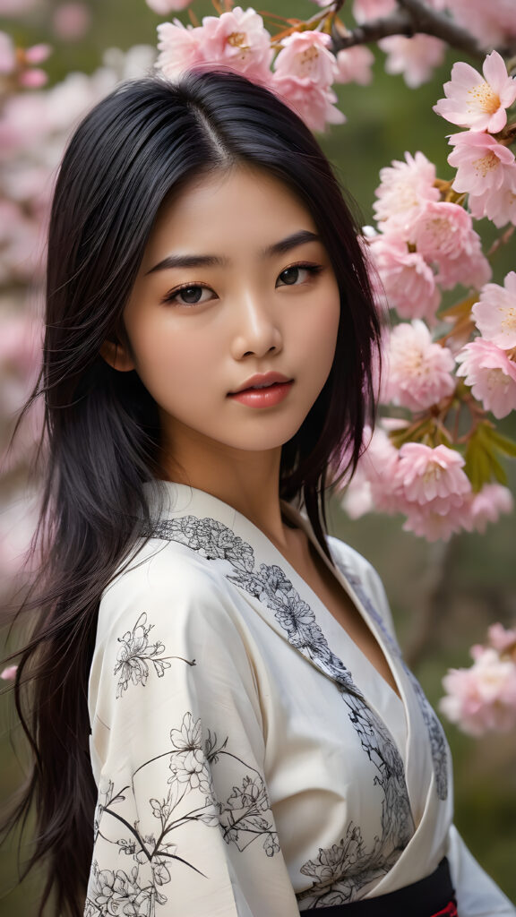 a stunningly beautiful (((Japanese teen model girl))) with (((soft straight black hair, the long hair falls down to her waist))), exuding a (((vividly realistic glow))) that gives off an air of (((ethereal innocence))), her (((detailed, angelic face))) radiating joyful excitement, framed by a (((cherry blossom backdrop))) consisting of (((subtle, elegant patterns))), a (((soft, empty canvas))). She is captured in a (((portrait shot))), with a flawlessly proportioned figure and (((minimalist clothing))) that accentuates every curve, embodying an (((effortless beauty)))