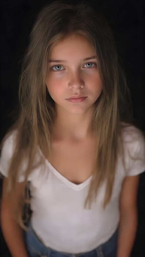 a stunningly beautiful young girl, age 15, with ((brown long straight jet hair (luminous)), flowing down to her waist, and (((bright amber eyes))), that match perfectly with her flawless complexion. She's dressed in a tight ((white short t-shirt, deep v-neck)), and ((cute (flared) jeans)), perfectly complemented by her (perfectly proportioned figure). Her look exudes seduction and playfulness, as she gazes directly at the viewer. Her focus on the camera is intense, with a soft, inviting expression that draws you in. The background is black, providing a perfect contrast to her youthful face, and making her features stand out perfectly.