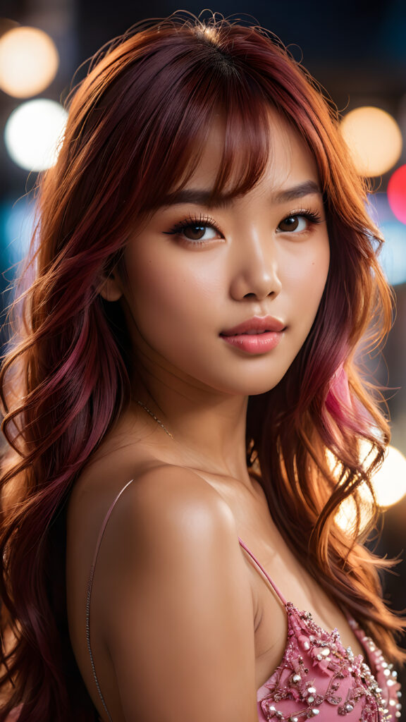 a stunningly beautiful (((female model))) with an upper body that exudes cuteness, captured in a side view that highlights the intricate details and luxurious color contrast, using advanced techniques like deep shadow and focus, creating a masterpiece that boasts a breathtakingly realistic image, with a cute 16-year-old Filipino girl with Korea-styled bangs and detailed red straight hair, a perfect curved body that embodies elegance, paired with ultra realistic features and a warm smile featuring pink lips