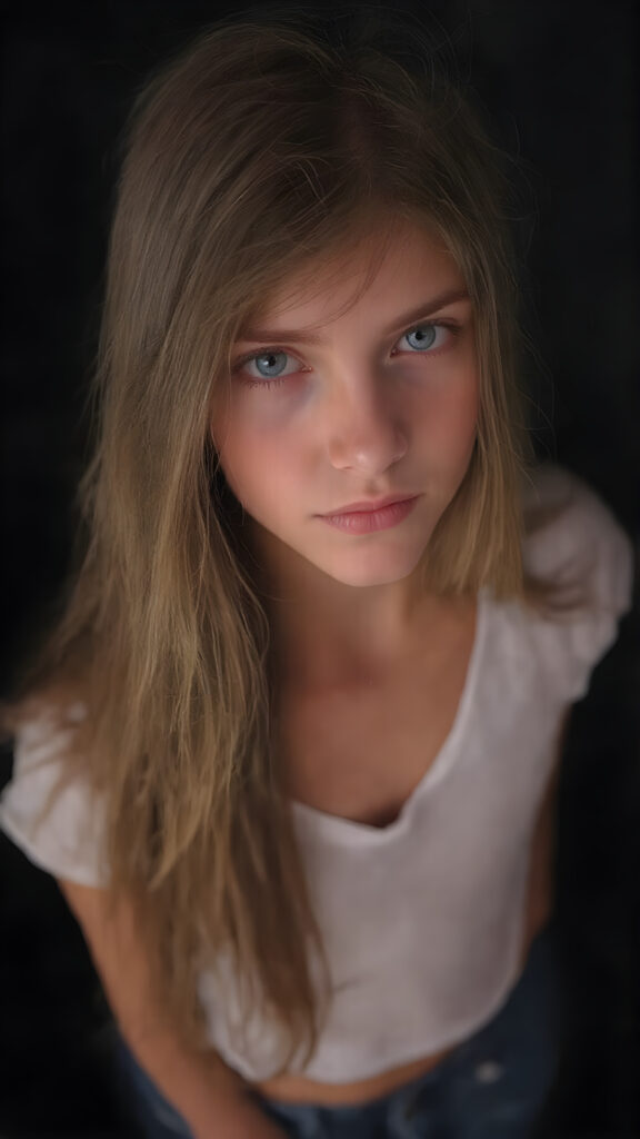 a stunningly beautiful young girl, age 15, with ((brown long straight jet hair (luminous)), flowing down to her waist, and (((bright amber eyes))), that match perfectly with her flawless complexion. She's dressed in a tight ((white short t-shirt, deep v-neck)), and ((cute (flared) jeans)), perfectly complemented by her (perfectly proportioned figure). Her look exudes seduction and playfulness, as she gazes directly at the viewer. Her focus on the camera is intense, with a soft, inviting expression that draws you in. The background is black, providing a perfect contrast to her youthful face, and making her features stand out perfectly.